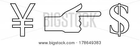Vector linear icon with a hand image with an extended index finger indicating the exchange of the yen to the dollar.
