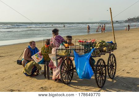 Arambol Beach, Goa, India - February 23, 2017: Coconuts For Sale At Flea Market On Arambol Beach At