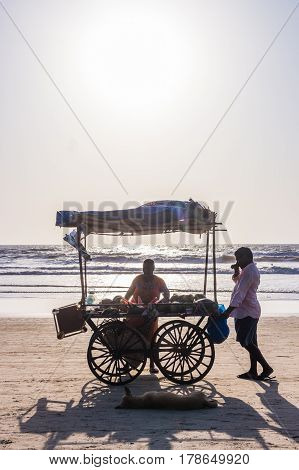 Arambol Beach, Goa, India - February 23, 2017: Coconuts For Sale At Flea Market On Arambol Beach At