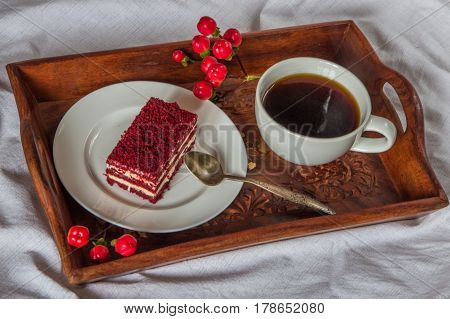 Breakfast In Bed. Cup, Coffee, Red, Velvet, Cake