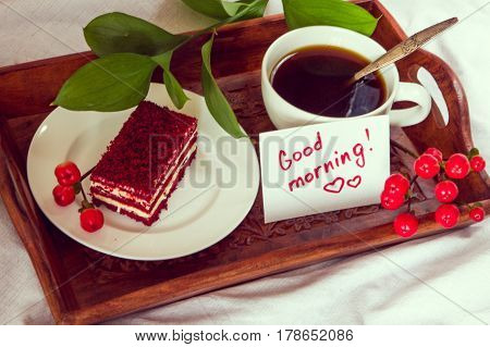 Breakfast In Bed. Cup, Coffee, Red, Velvet, Cake And Note With Text Good Morning