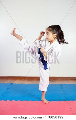 Children during training in karate. Fighting position active lifestyle