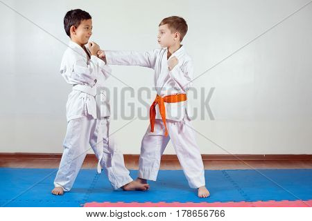 Two boys demonstrate martial arts working together. Fighting position active lifestyle practicing fighting techniques