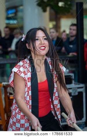 Moscow, Russia - March 25, 2017: Group Of Japanese Taiko Drummers Girls Perform In Kaleidoscope Shop
