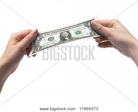 Kobieta rąk rozciąganie jednego dolara