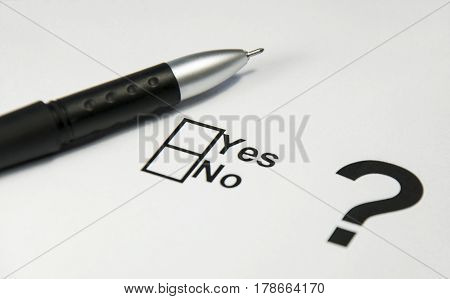 Balloten for voting, pen handle and question mark, choice