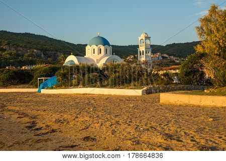 White Church Blew Domes Near The Beach