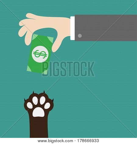 Hand giving paper money cash with dollar sign. Dog cat paw print taking gift. Adopt donate help love pet animal. Helping hand concept. Flat design style. Green background. Vector illustration.