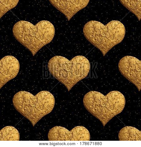Gold heart hand painting pattern. Vintage love seamless background.