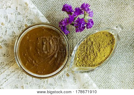 Henna powder. Henna paste. Prepare the henna paste at home. Focus on the powder