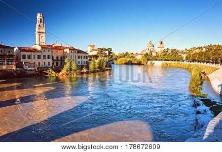 Beams Morning Sun Bridge Ponto Pietra River Adige Italy Verona