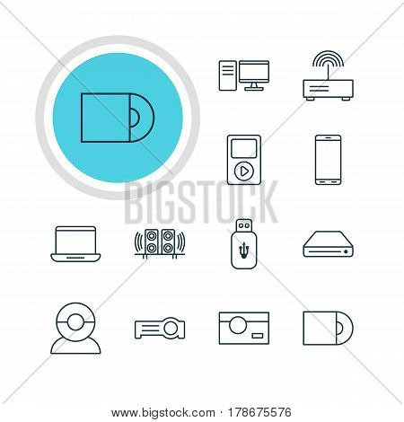 Vector Illustration Of 12 Gadget Icons. Editable Pack Of Smartphone, Floodlight, PC And Other Elements.