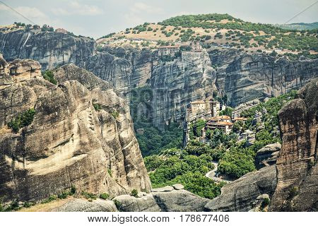 Panoramic view of Meteora monasteries on the rocks of volcanic origin. Greece.