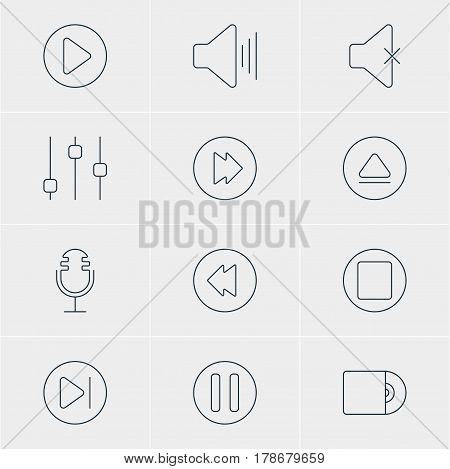 Vector Illustration Of 12 Music Icons. Editable Pack Of Rewind, Mike, Advanced And Other Elements.