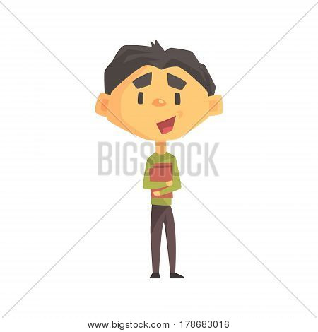 Boy In Green Sweater Holding Books, Primary School Kid, Elementary Class Member, Isolated Young Student Character. Elementary School Scholar On School Trip Flat Cartoon Illustration With Child.