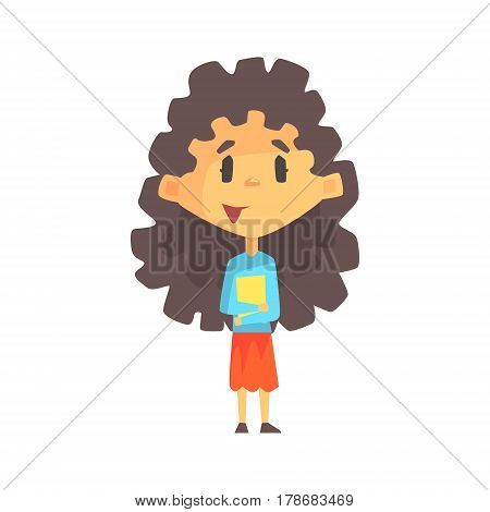 Girly Girl With Long Dark Hair Holding Books, Primary School Kid, Elementary Class Member, Isolated Young Student Character. Elementary School Scholar On School Trip Flat Cartoon Illustration With Child.