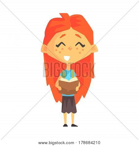 Smiling Redhead Girl Reading A Book, Primary School Kid, Elementary Class Member, Isolated Young Student Character. Elementary School Scholar On School Trip Flat Cartoon Illustration With Child.