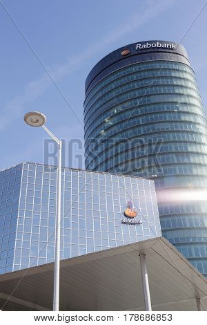 utrecht Netherlands 15march 2017: rabobank head office in dutch town of utrecht reflects blue sky