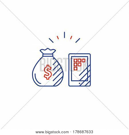 Smartphone banking app, mobile phone, finance logo, mono line vector illustration