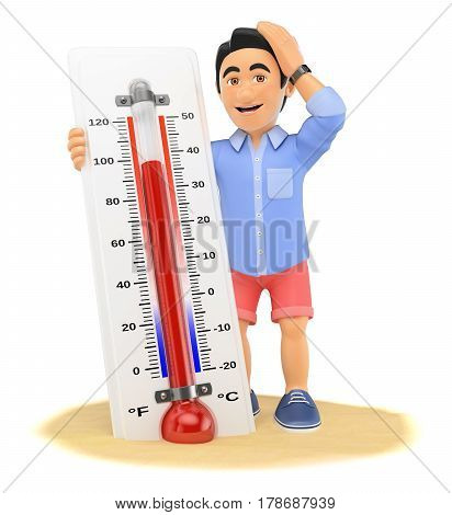 3d young people illustration. Young man in shorts with hot thermometer on the beach. Isolated white background.