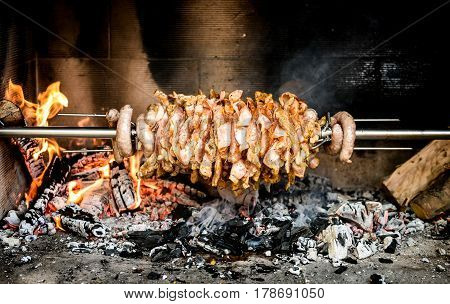 Making Home Made Cag Kebab Gyros With Fire And Charcoal.
