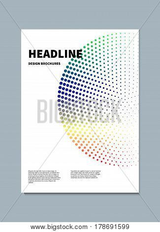 Modern cover for annual report  with rainbow round element. Geometric template for flyer, card, banner, brochure, booklet, poster, placard. Design element. Layout of paper A4 with semicircle, colorful dots on white background. Vector illustration.