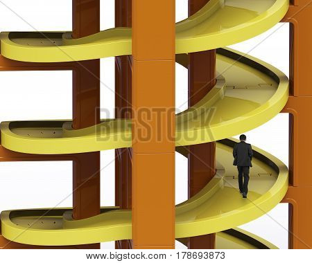 Man Walking On Unfinished Spiral Track In Stacking Blocks