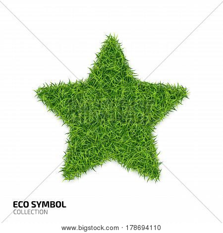Star icon from green grass. Eco rating icon isolated on white background. Symbol with the green lawn texture. Ecology symbol collection. Vector illustration