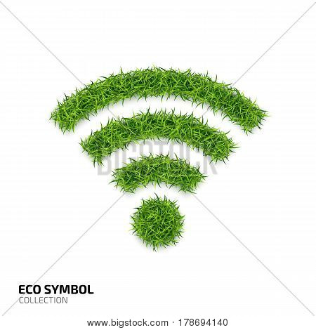 Wi-fi icon from green grass. Eco network icon isolated on white background. Symbol with the green lawn texture. Ecology symbol collection. Vector illustration