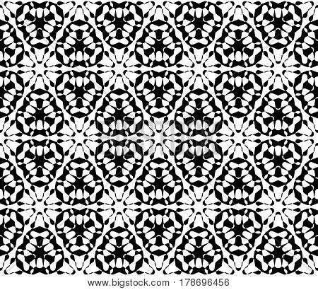 Vector monochrome texture, abstract black & white ornamental background. Illustration of lattice, floral figures, repeat tiles. Smooth geometric seamless pattern. Design for print, decor, textile, digital, web
