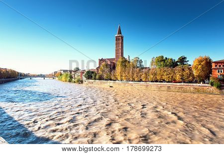 Beams Morning Sun Bridge Ponto Pietra River Adige Italy Verona