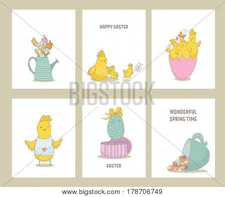 Set of premade Easter cards with hand drawn chiks and spring elements. Cute hand sketched chiks. Vector Illustration