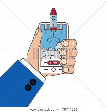 Flat illustration of smartphone with Rocket launcing