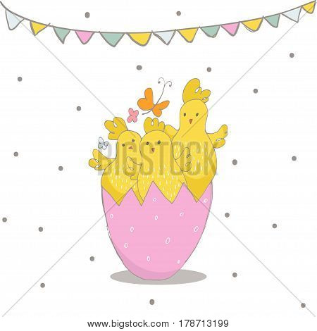 Happy Easter greeting background with cute chicks in egg. Hand drawn vector Illustration.