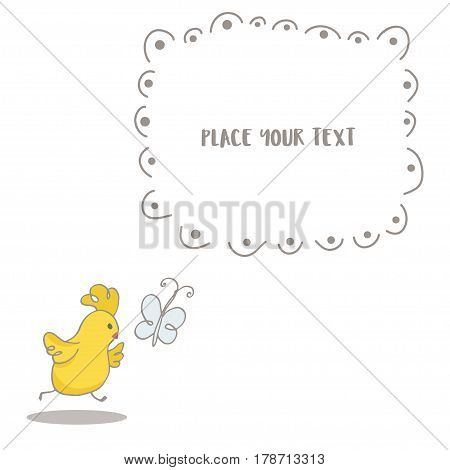 Easter greeting background with cute little Chicken chasing a butterfly. Text place in frame. Hand drawn vector Illustration.