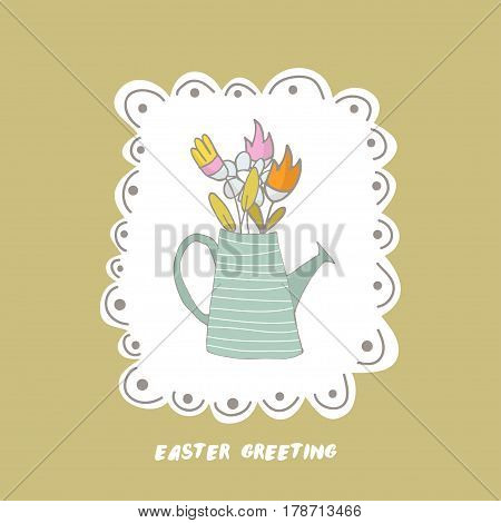 Easter greeting background with watering can and flowers. Hand drawn vector Illustration.