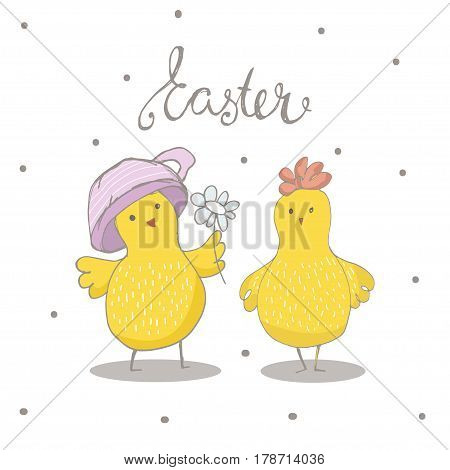 Happy Easter greeting background with cute two chicks. Hand drawn vector Illustration.