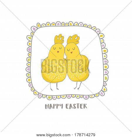 Happy Easter greeting background with cute two chicks friend in frame. Hand drawn vector Illustration.