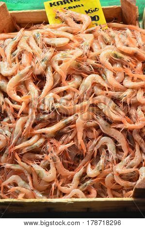 Fresh shrimp are sold at the Fish Market