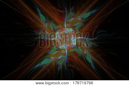 Abstract image of geometric shapes forming a multi-colored crystal with fiery tongues with a cross in the background on a black background