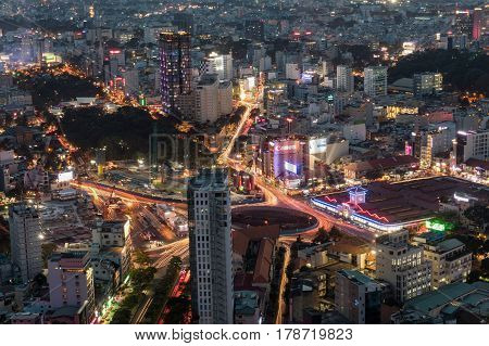 SAIGON VIETNAM - March 27 2017. Cityscape of Saigon downtown viewed from top of building. Saigon (Ho Chi Minh city) is the largest city in Vietnam with population around 10 million people.