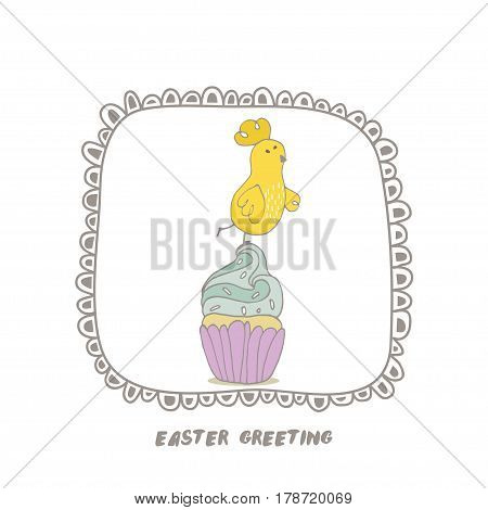 Happy Easter greeting background with cute chick on cupcake. Hand drawn vector Illustration.