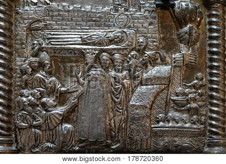 ZAGREB, CROATIA - APRIL 13: Bass relief with images from the life of St. Simeon, Saint Simeons chest at the atrium of Croatian Academy of Sciences and Arts in Zagreb, on April 13, 2016.