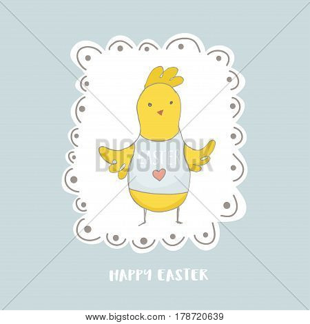 Happy Easter greeting background with cute chick character. Hand drawn vector Illustration.
