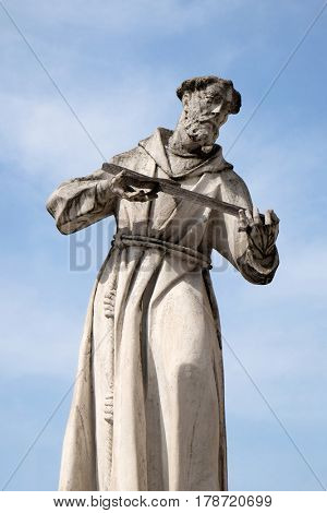 MARIBOR, SLOVENIA - APRIL 03: Saint Francis of Assissi statue, Plague column at Main Square of the city of Maribor in Slovenia, Europe. Historical religious sculpture, April 03, 2016.