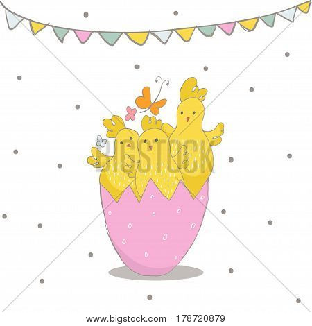 Happy Easter greeting background with cute chicks in egg. Hand drawn vector Illustration.