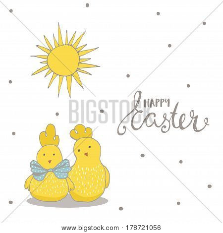 Happy Easter greeting background with cute two chicks. Hand drawn vector Illustration.