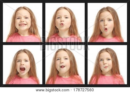 Speech training concept. Little girl doing exercises for correct pronunciation on white background