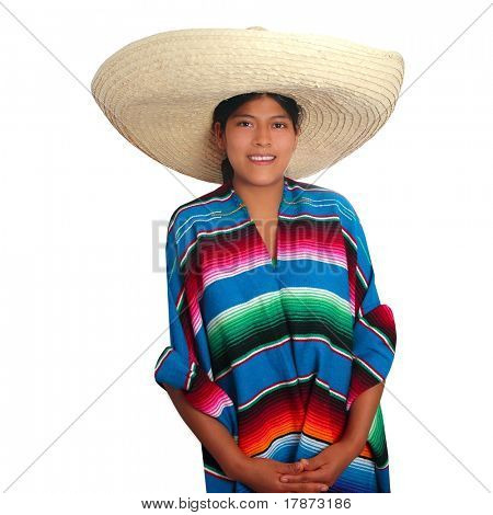 Donna di poncho latino messicano sombrero ispanico isolata on white