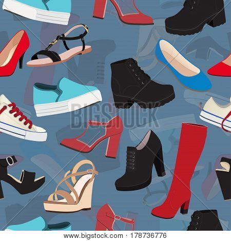 Shoes Vector Background, Seamless Pattern. Multicolored Sandals, Boots, Low Shoe, Ballet Slippers, H